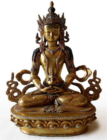 Antique Tibetan Jeweled Gilt Bronze Amitayus Buddha Statue