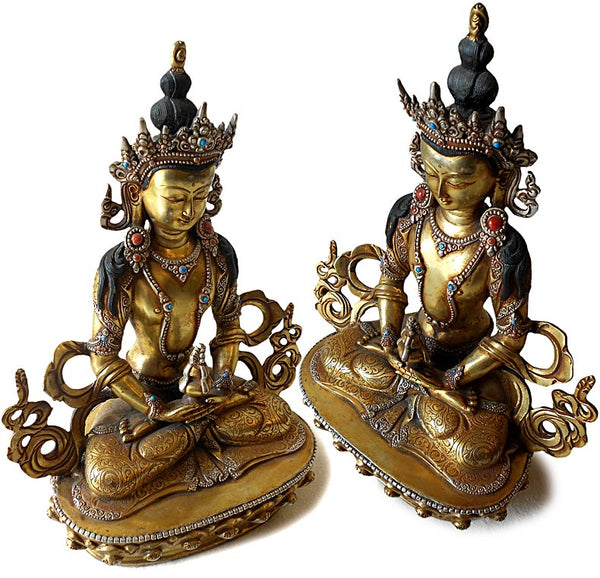 Antique Tibetan Jeweled Gilt Bronze Amitayus Buddha Statue