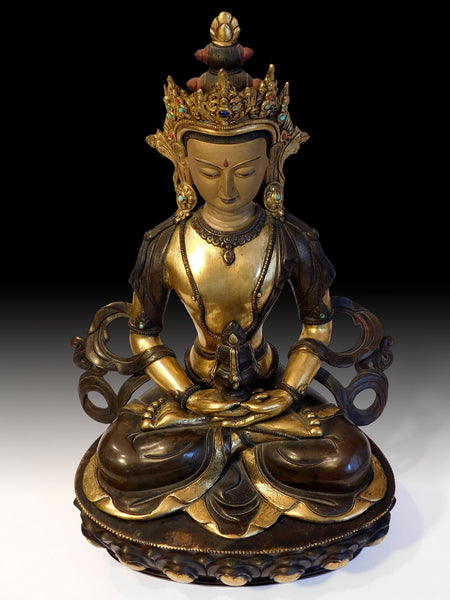 Antique Tibetan Gilt Bronze Amitayus Jeweled Buddha of Immeasurable Life 16”H 无量寿佛
