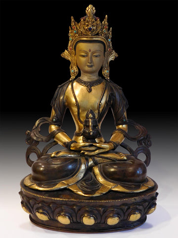 Antique Tibetan Gilt Bronze Amitayus Jeweled Buddha of Immeasurable Life 16”H 无量寿佛