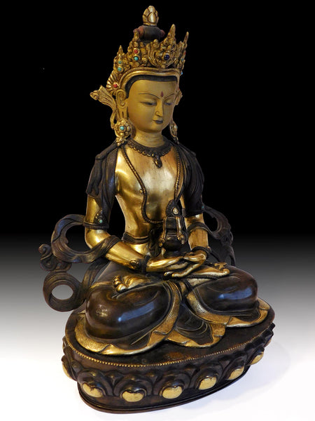 Antique Tibetan Gilt Bronze Amitayus Jeweled Buddha of Immeasurable Life 16”H 无量寿佛