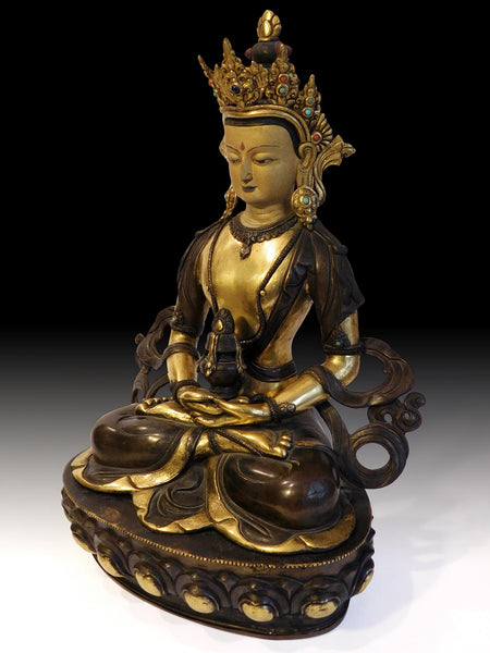 Antique Tibetan Gilt Bronze Amitayus Jeweled Buddha of Immeasurable Life 16”H 无量寿佛