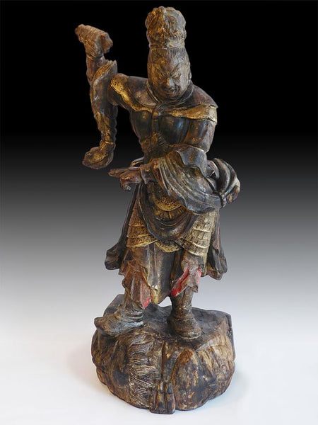 Antique Japanese Guardian East Deva King Jikokuten Wood Carving 持國天
