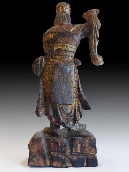 Antique Japanese Guardian East Deva King Jikokuten Wood Carving 持國天