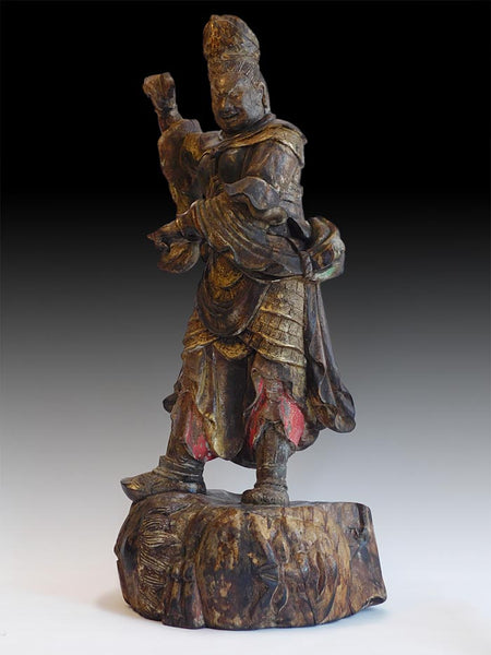 Antique Japanese Guardian East Deva King Jikokuten Wood Carving 持國天