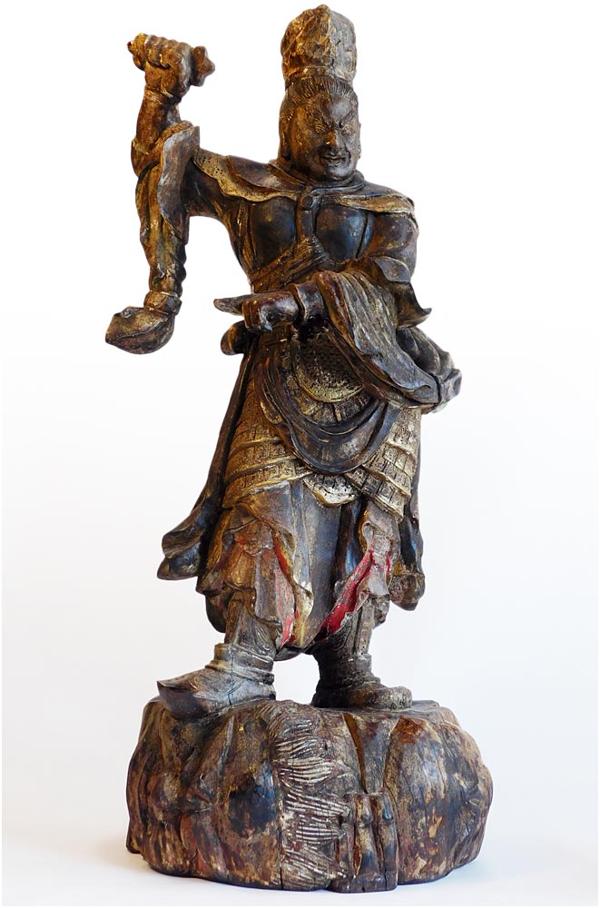 Antique Japanese Guardian East Deva King Jikokuten Wood Carving 持國天