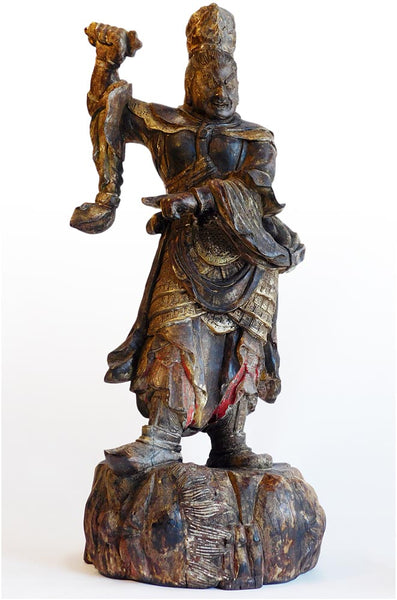 Antique Japanese Guardian East Deva King Jikokuten Wood Carving 持國天