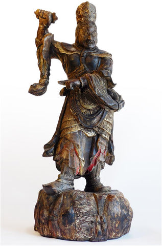 Antique Japanese Guardian East Deva King Jikokuten Wood Carving 持國天