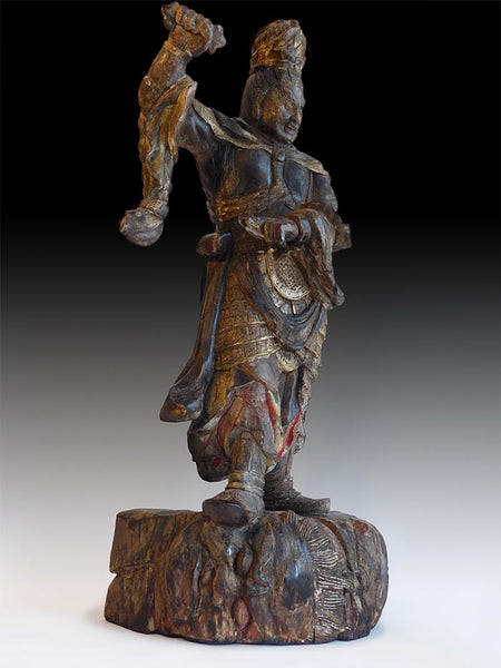 Antique Japanese Guardian East Deva King Jikokuten Wood Carving 持國天