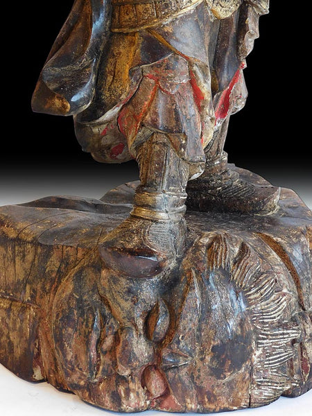 Antique Japanese Guardian East Deva King Jikokuten Wood Carving 持國天