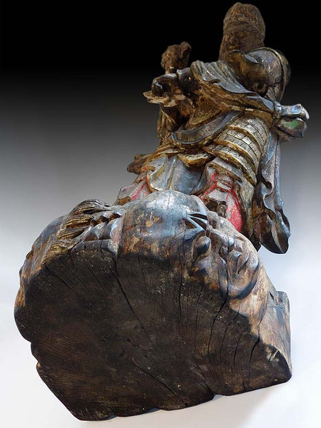 Antique Japanese Guardian East Deva King Jikokuten Wood Carving 持國天