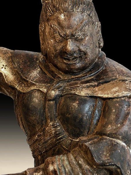 Antique Japanese Guardian East Deva King Jikokuten Wood Carving 持國天