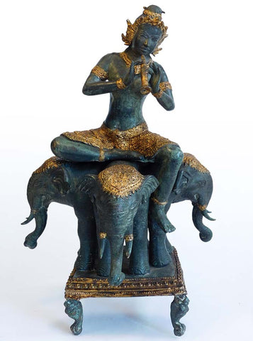 Vintage Javanese Mother Goddess Shachi on Four-Headed Elephant Indonesian Statue 17"H