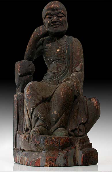 Antique Chinese Carved Luohan in Contemplation Wood Statue