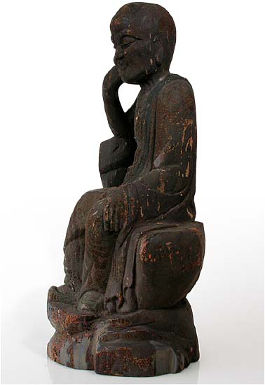 Antique Chinese Carved Luohan in Contemplation Wood Statue