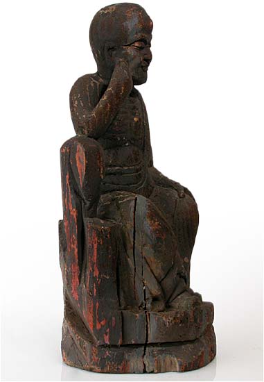 Antique Chinese Carved Luohan in Contemplation Wood Statue