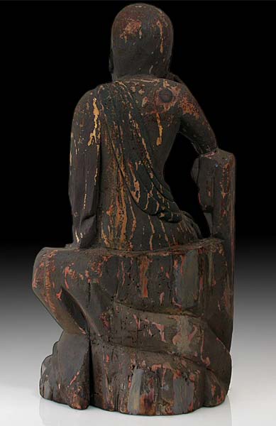 Antique Chinese Carved Luohan in Contemplation Wood Statue
