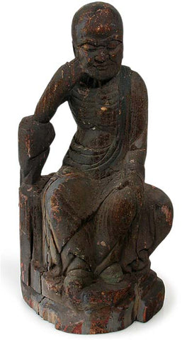 Antique Chinese Carved Luohan in Contemplation Wood Statue
