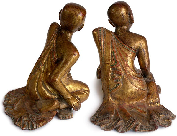 Pair of Antique Burmese Carved Buddhist Sangha Wood Monk Statues