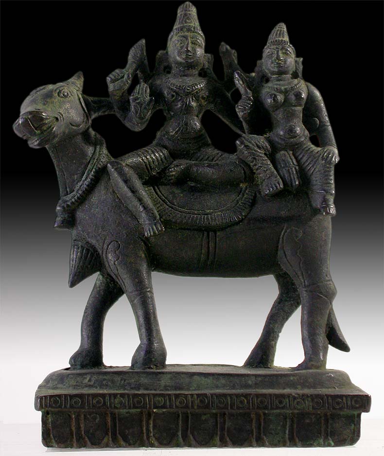 18th Century Antique India Hindu Bronze Shiva Parvati on Nandi Statue