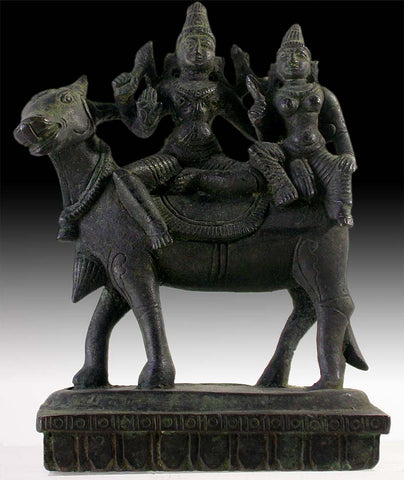 18th Century Antique India Hindu Bronze Shiva Parvati on Nandi Statue