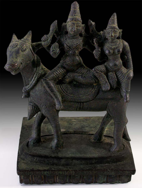 18th Century Antique India Hindu Bronze Shiva Parvati on Nandi Statue