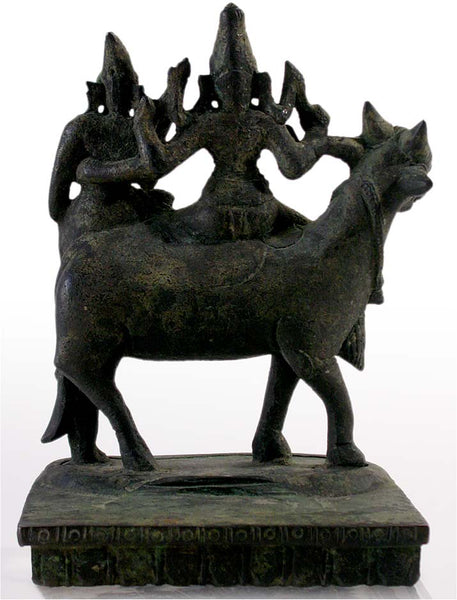 18th Century Antique India Hindu Bronze Shiva Parvati on Nandi Statue