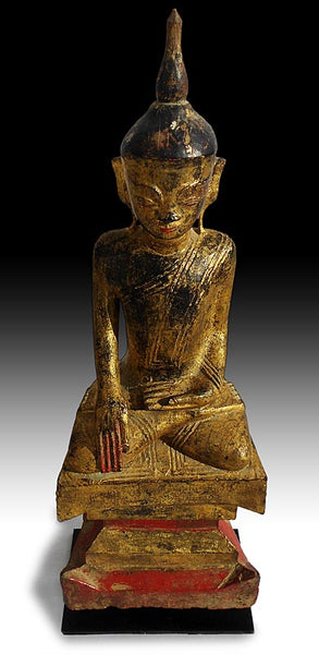 19th Century Lacquered Gilt Wood Burmese Arakan Buddha Statue