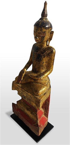 19th Century Lacquered Gilt Wood Burmese Arakan Buddha Statue