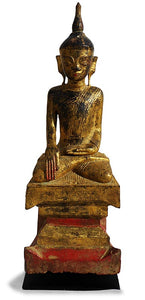19th Century Lacquered Gilt Wood Burmese Arakan Buddha Statue