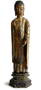 14th Century Japanese Carved Amida Nyorai Gilt Wood Buddha Statue