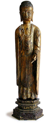 14th Century Japanese Carved Amida Nyorai Gilt Wood Buddha Statue