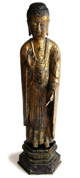 14th Century Japanese Carved Amida Nyorai Gilt Wood Buddha Statue