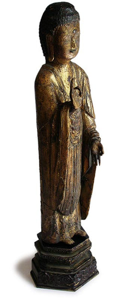 14th Century Japanese Carved Amida Nyorai Gilt Wood Buddha Statue