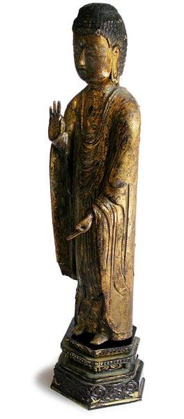 14th Century Japanese Carved Amida Nyorai Gilt Wood Buddha Statue