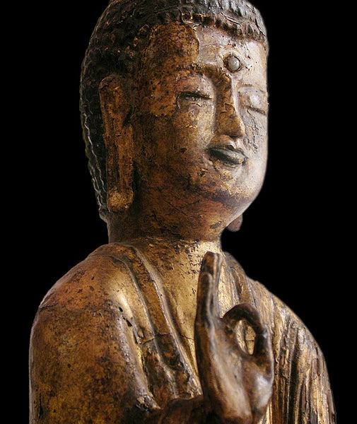 14th Century Japanese Carved Amida Nyorai Gilt Wood Buddha Statue