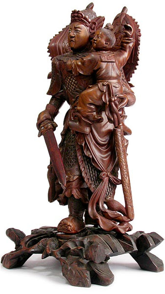 Antique Chinese Carved Three Kingdoms God of War Zhao Zilong Saving Adou Rosewood Statue