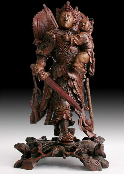 Antique Chinese Carved Three Kingdoms God of War Zhao Zilong Saving Adou Rosewood Statue