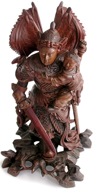 Antique Chinese Carved Three Kingdoms God of War Zhao Zilong Saving Adou Rosewood Statue