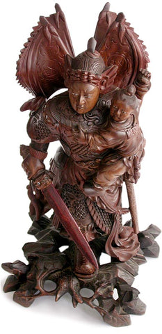 Antique Chinese Carved Three Kingdoms God of War Zhao Zilong Saving Adou Rosewood Statue