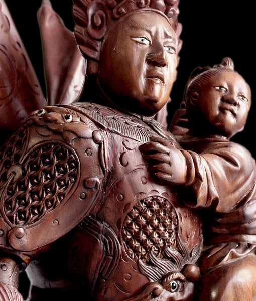 Antique Chinese Carved Three Kingdoms God of War Zhao Zilong Saving Adou Rosewood Statue