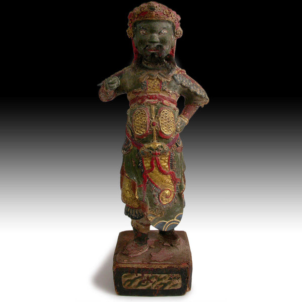Antique Chinese Heavenly King Temple Guardian Polychrome Wood Carving 天王