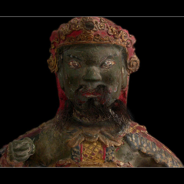 Antique Chinese Heavenly King Temple Guardian Polychrome Wood Carving 天王