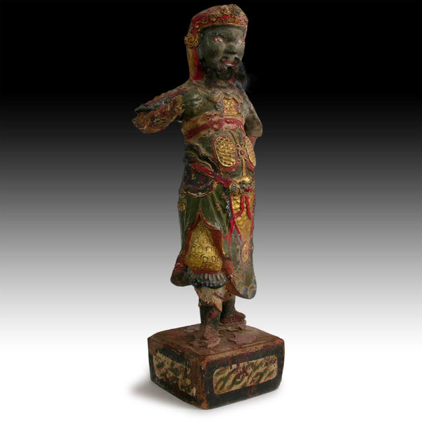 Antique Chinese Heavenly King Temple Guardian Polychrome Wood Carving 天王