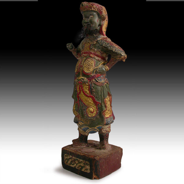 Antique Chinese Heavenly King Temple Guardian Polychrome Wood Carving 天王