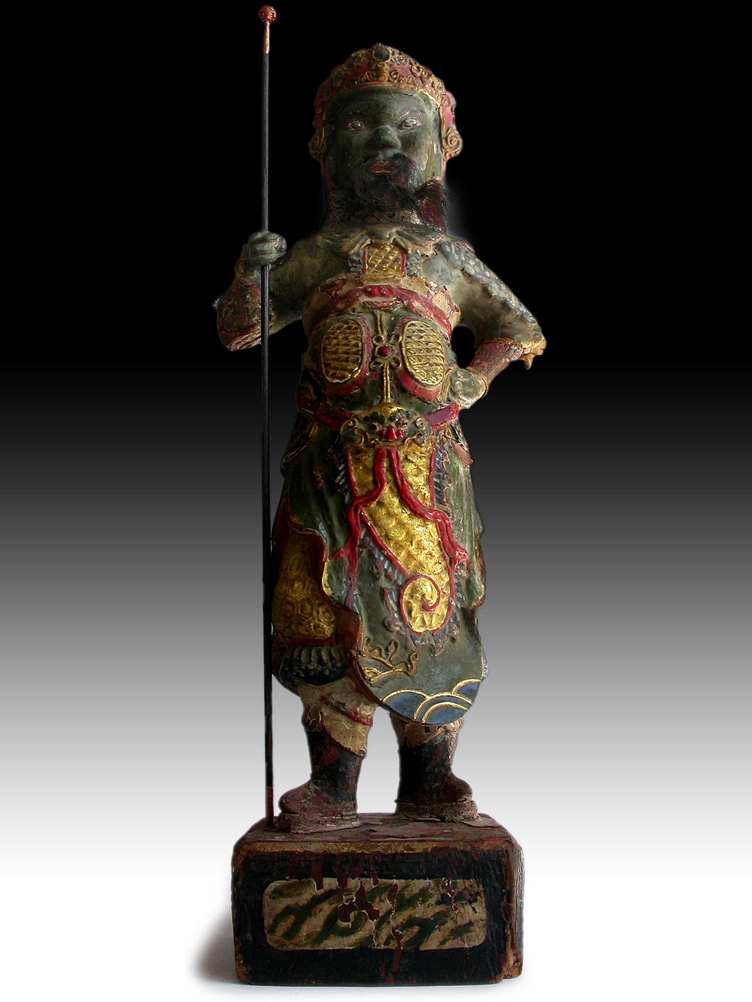 Antique Chinese Heavenly King Temple Guardian Polychrome Wood Carving 天王