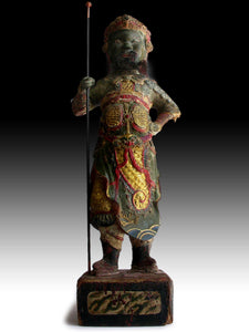 Antique Chinese Heavenly King Temple Guardian Polychrome Wood Carving 天王