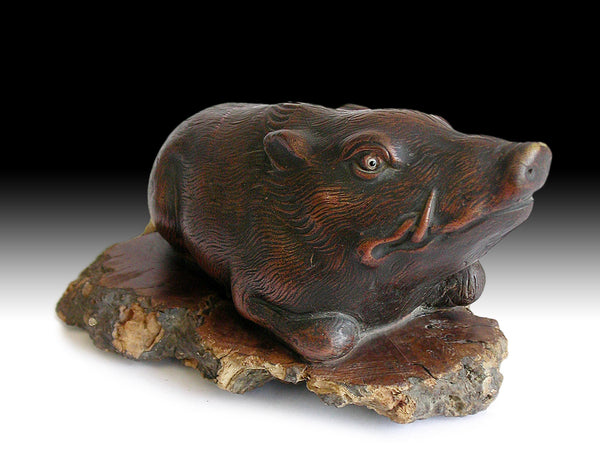 Bizen Yaki Recumbent Boar on Burl Pedestal Antique Japanese Ceramic Statue 備前焼豬