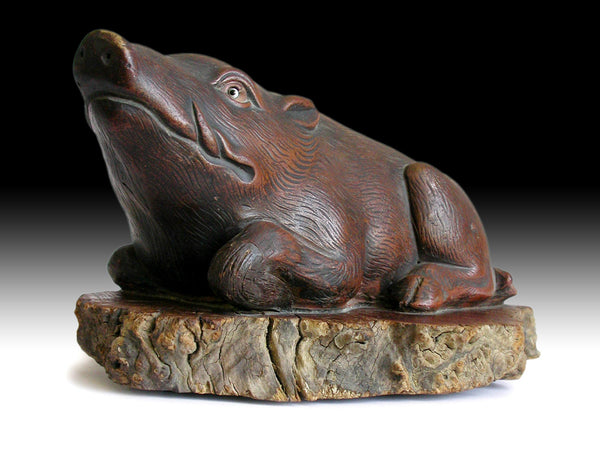 Bizen Yaki Recumbent Boar on Burl Pedestal Antique Japanese Ceramic Statue 備前焼豬