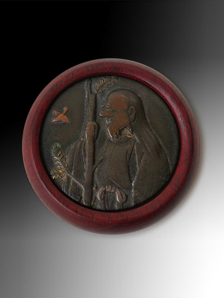 Antique Japanese Kagamibuta Shakudo Copper Lid Medicine Man Manju Netsuke